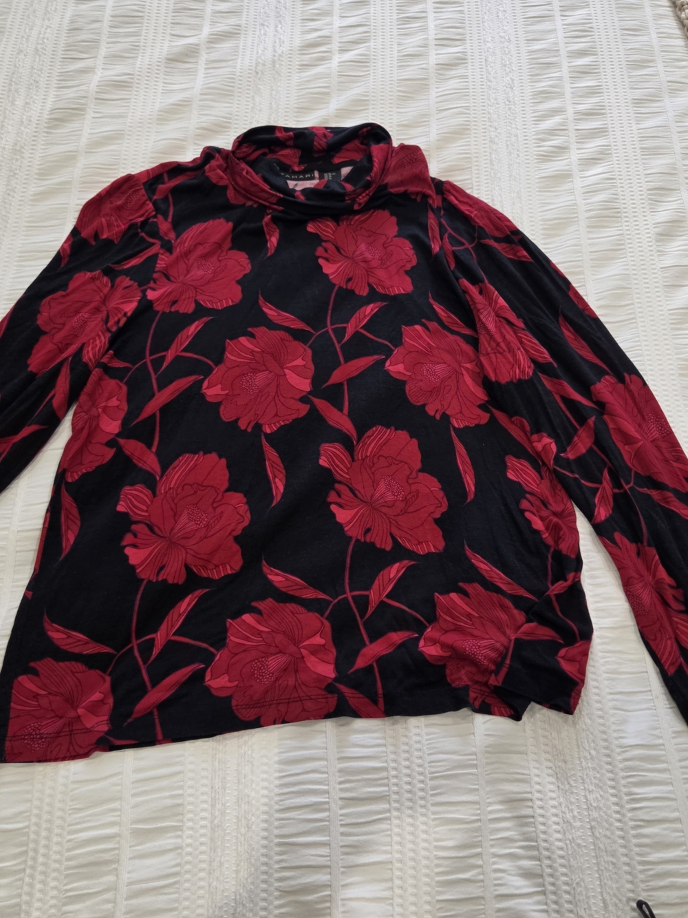 Tahari Black Long-Sleeve Top with Red Floral Print
